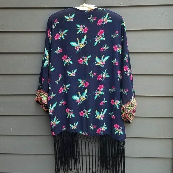 Sweet Rain Navy Floral Sheer Duster with Black Fringe and neon sleeves Large - Picture 2 of 8